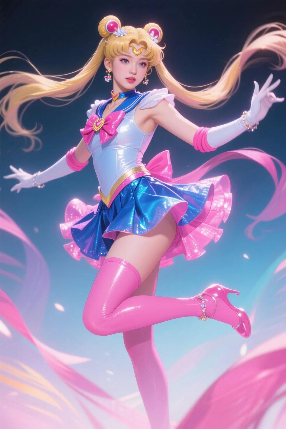sailorMoon in light Pink leggings, solo,Anatomically correct, motion blur,1 japan girl, smile,beautiful, bishoujo_senshi_sailor_moon, realistic,3d,skin texture,blingbling,fractal background