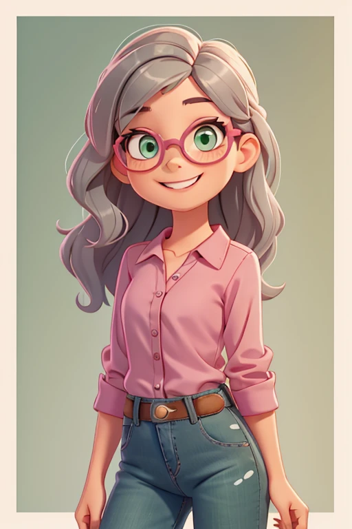 disneypixar. girl with fair skin, gray white wavy hair, dark green eyes, smiling, wearing a pink blouse, jeans, WEARING BROWN FRAME GLASSES 