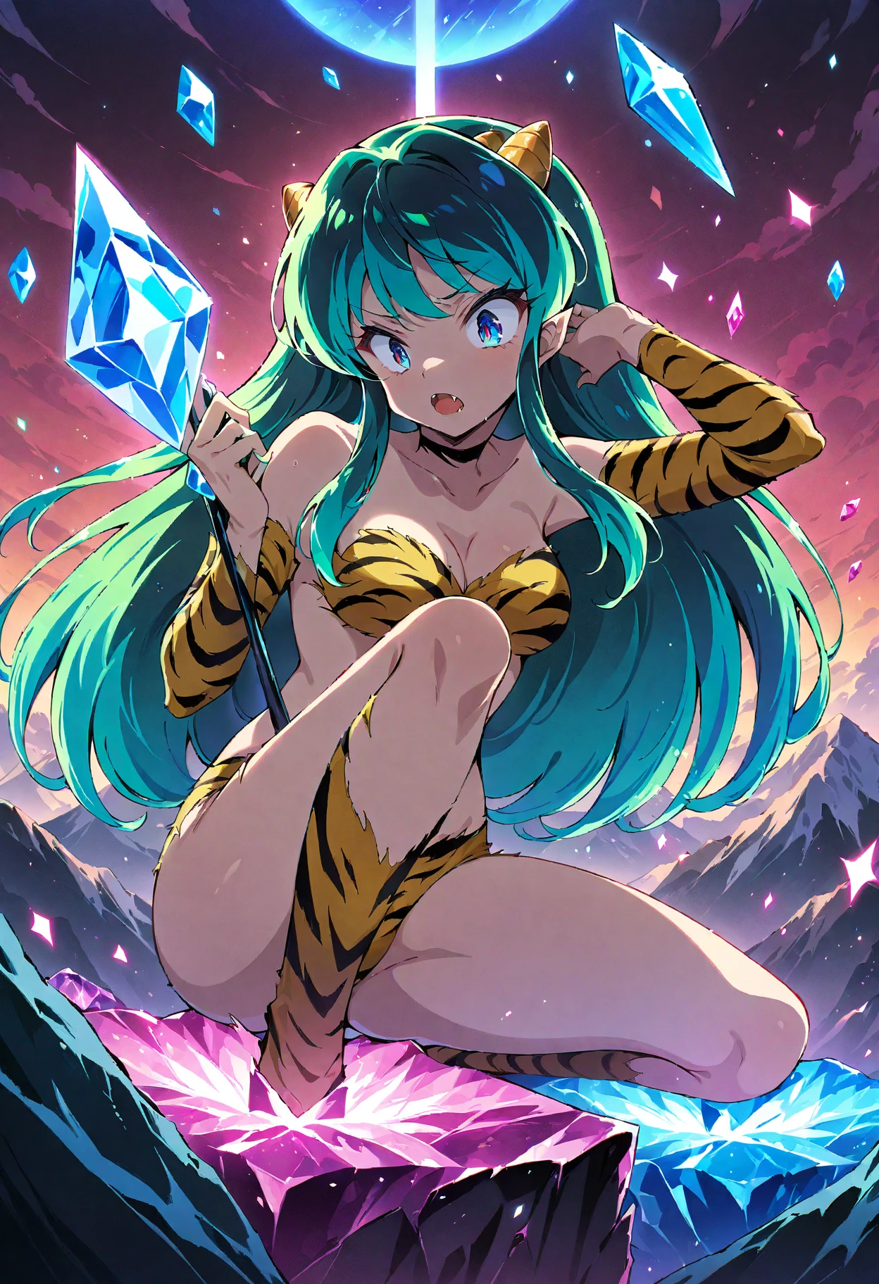 Painting of a woman in a tiger print bikini sitting in a blue sphere, Anime Paintings