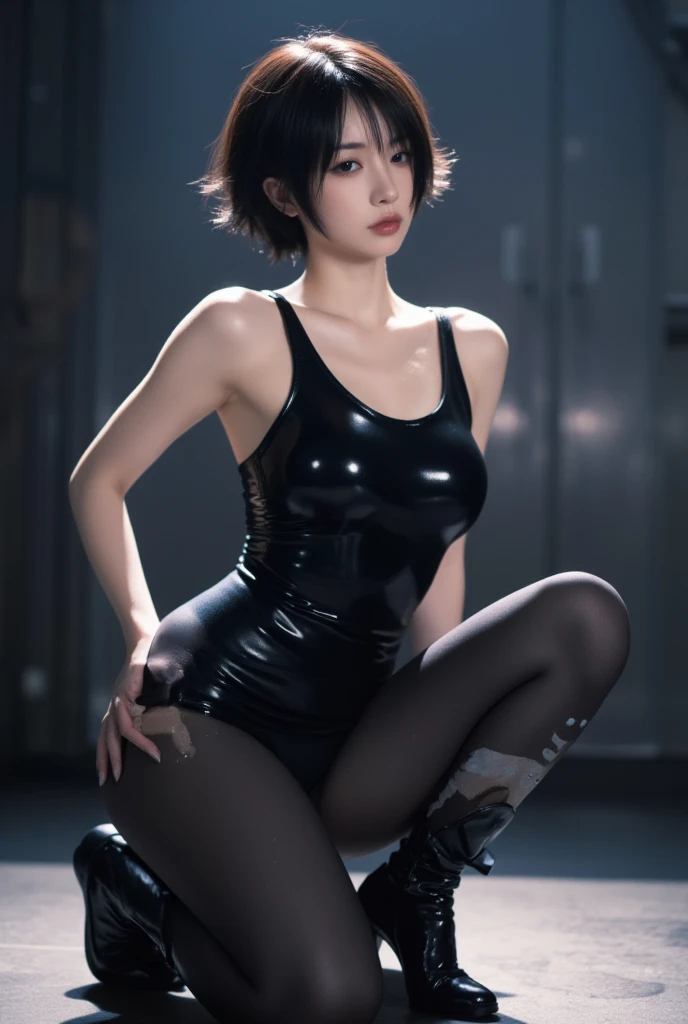High quality image, beautiful woman, beautiful face, symmetrical eyes, short bob hair, model-like proportions, large breasts, shiny, glittery, super high-cut one-piece swimsuit cut from crotch to chest, facing forward, sitting on the floor with legs apart, legs apart to show crotch, rooftop of skyscraper at night, neon sign, tall tower, blurred background, emphasized figure outline,