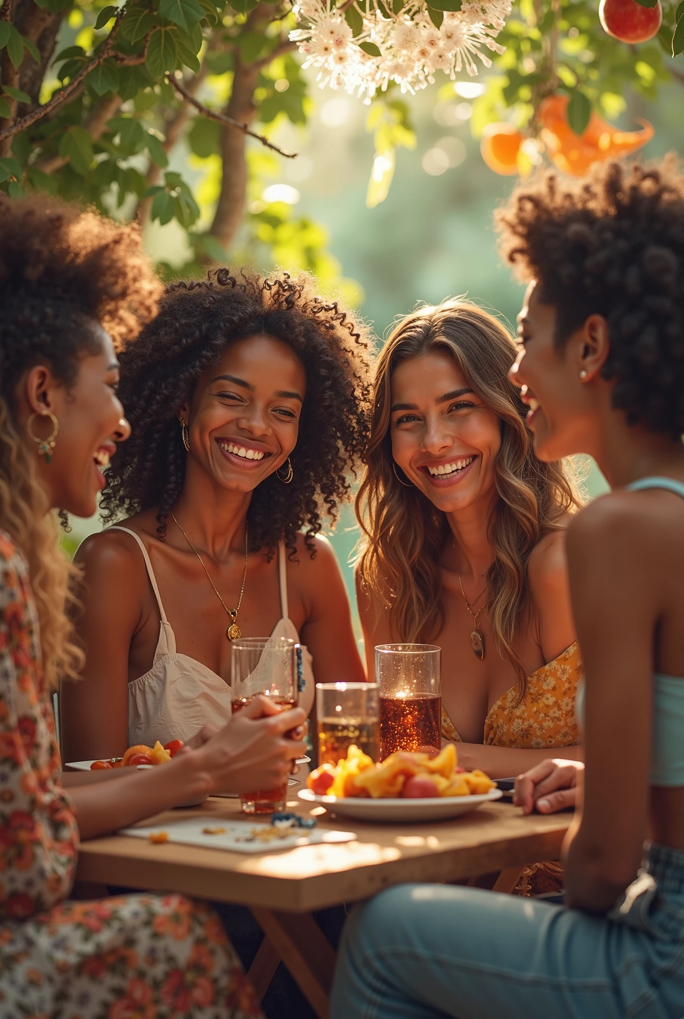 African woman accompanied by Asian woman and accompanied by American woman eating pizza in Brazil