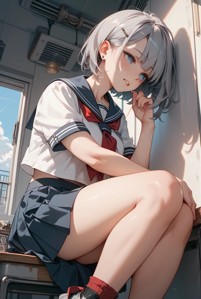 {safe:1.10}, best quality, masterpiece, highres, solo, {hamakaze_kantaicollection:0.90}, squatting, cowboy_shot, looking at viewer