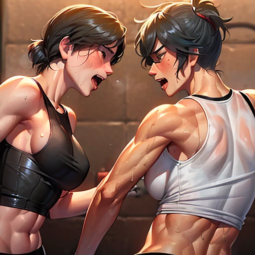 Two naked high school girls street fighters are fighting and punching so hard in an abandoned building.Glaring at each other. dynamic action. They are thrusting their fists each other. They are in pain. Her body and face are covered with bruises and blood. Muscular body. Six-pack abs. Short-cut black hair. Shortness of breath. Drooling from the mouth. One closed eye. Exhaustion. Drenched in sweat. Erect nipples.