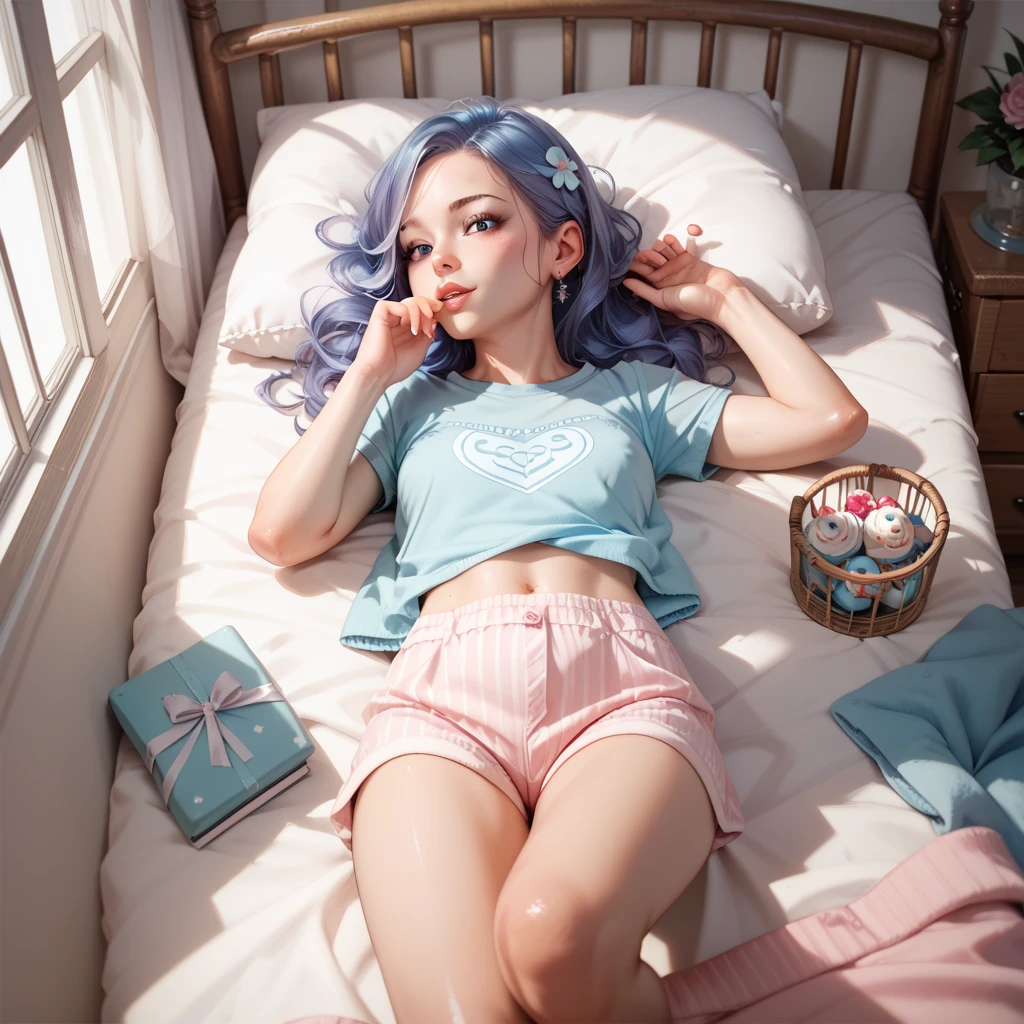 Menina dormindo, 22 anos, realista, he's wearing short pants, She's in pink pajamas, cabelo castanho.
