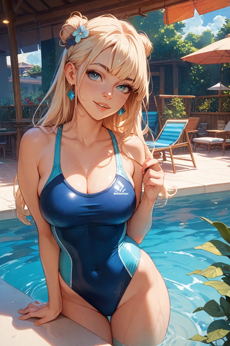 ((highest quality)), ((masterpiece)), (be familiar with), (High definition), 8K, Perfect Face, Two blonde women with cat ears, tall, 2 Blonde cat ears, 2. Long Hair, 2. Volumetric hair style, (smile), (Large Breasts), ((Cleavage)), Narrow waist, Big Ass, glamorous, Alluring, ((Maritime Camouflage, Bikini Swimwear)), (A futuristic night pool), Glowing neon sign, ((Chest-deep in the pool)), Cinematic, Best Shadow, Side lighting, NEO TOKYO, (Bust Shot:1.1), (Close-up of face), ((View from directly above)),