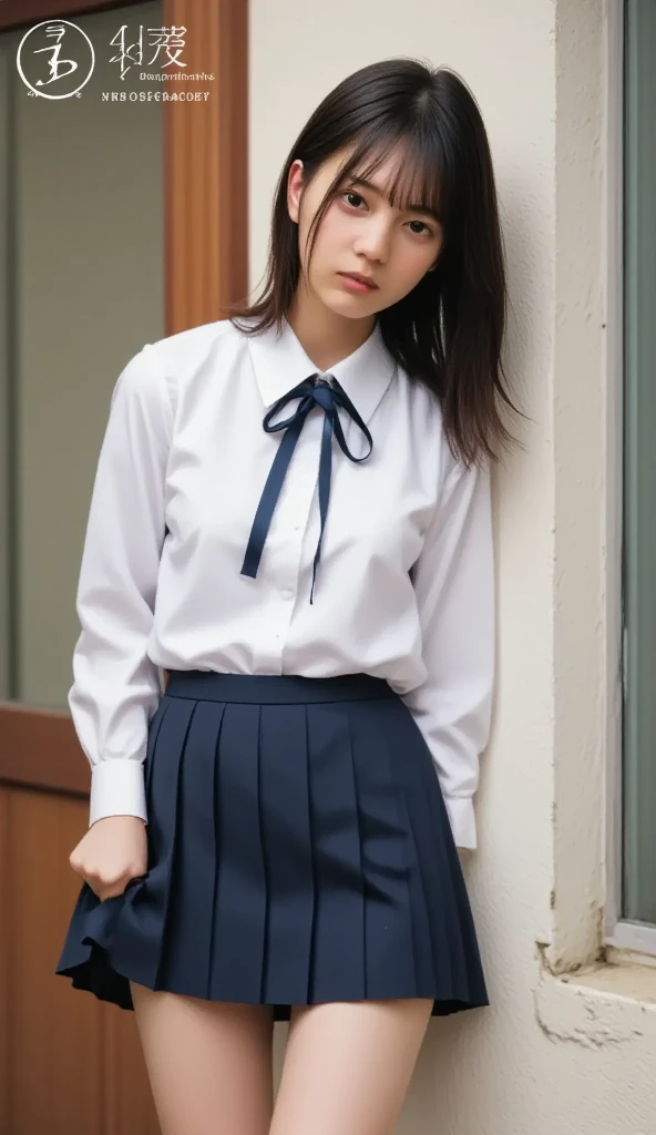 Full body shot、Full body shot、8k、best image quality、masterpiece、((Surreal Japanese school scene、Classroom desks and chairs))、japanese summer、15 year old girl、Face of a beautiful Japan girl、smile、small face、open your mouth、Japanese high school girl meets her friends in the classroom。She was surprised、((black rim square glass glasseini skirt、low person、short bob、side shot、fine eyes