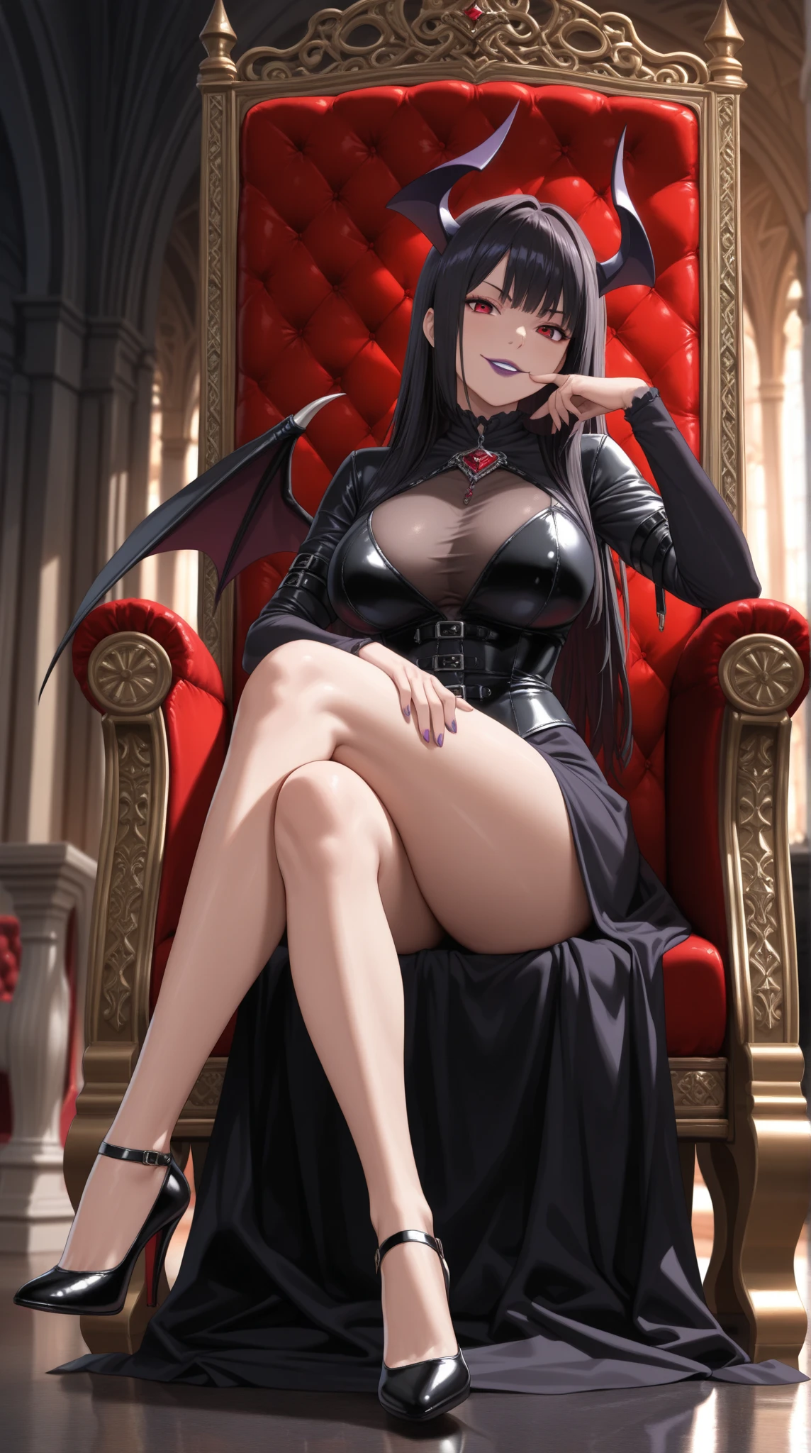 a beautiful woman(1woman, korean/american, 2500 years old, long black hair, bangs, red eyes, black horns, black demon wings, black succubus tail, succubus, tall, slender, curvy, medium ass, big , wearing a white ceremonial kimono)+ sitting on a throne(monumental, majestic, luxurious)+ while facing the camera. She has crossed legs, one of her arms rests on the armchair and supports her chin. She looks at the camera with an expression of unwavering dominance with a smirk.