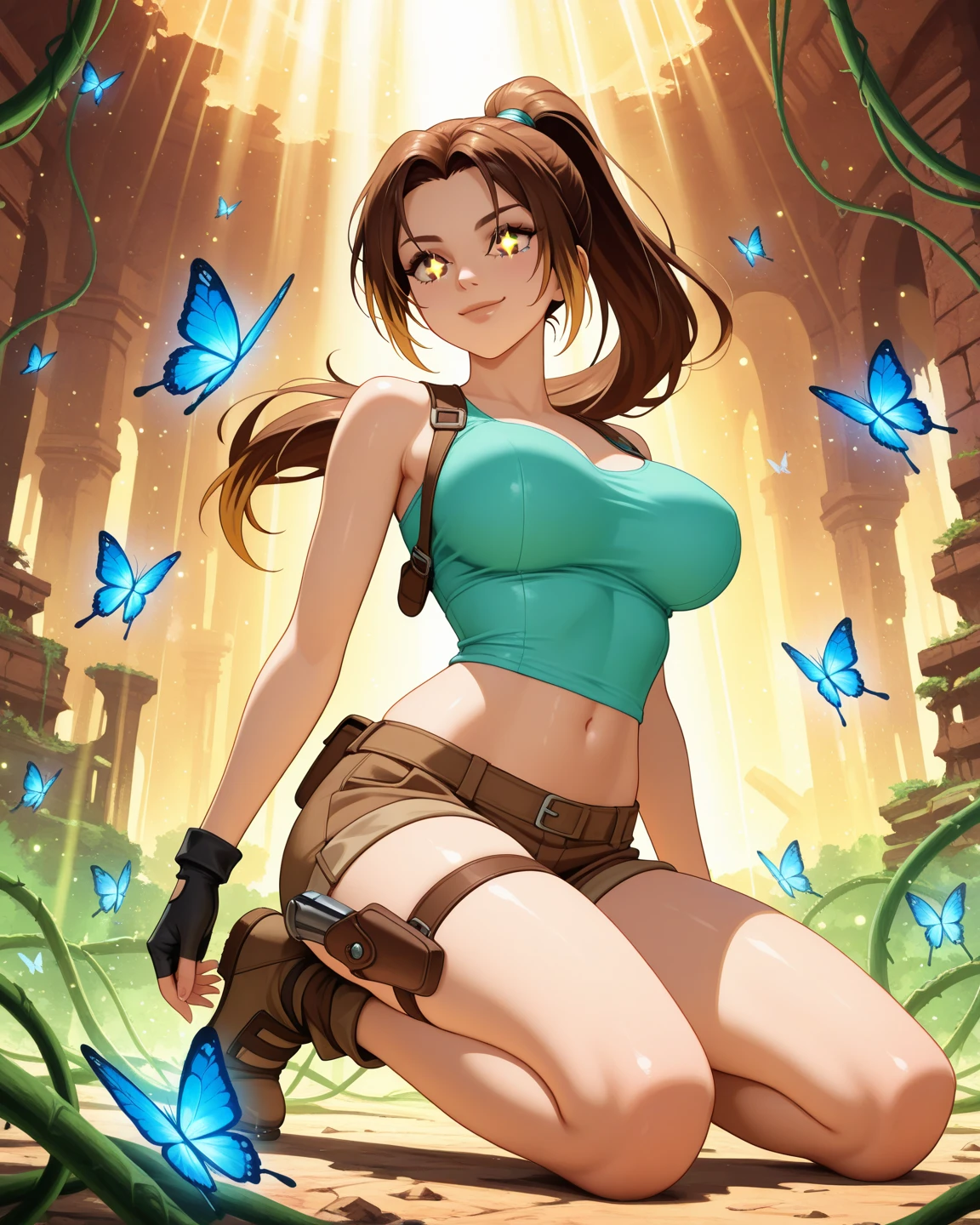 extremely delicate and beautiful, Amazing, finely detail, masterpiece, ultra-detailed, highres,best illustration, best shadow,intricate,sharp focus,  high quality, woman, 28yrs, (Milana Vayntrub), Milana Vayntrub, solo, long brown hair, curvy, milf, big beasts, huge beasts, (giant breasts), sexy body, genshin impact, sports bra, yoga pants, cutesexyrobutts style