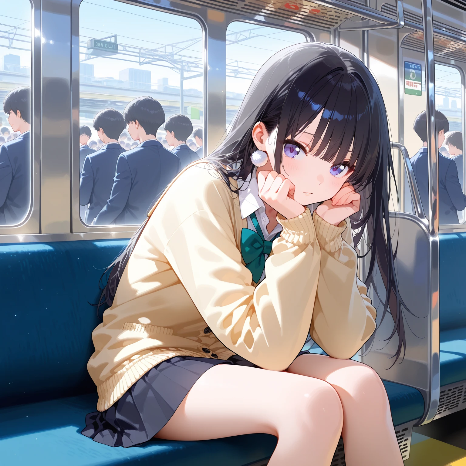 Full body portrait、Secretary Woman、tight mini skirt、Lace panties、Sitting on a train chair、Black hair twintails、ribbon