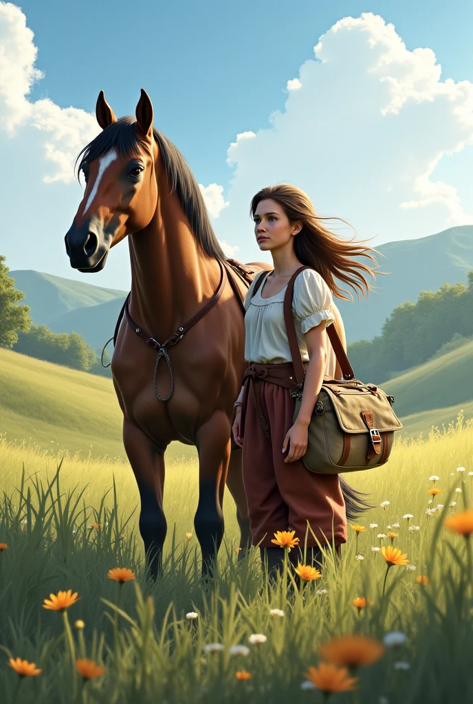 A girl, a servant with green eyes and a short light brown horse, in the years of 1889, with an appearance from the video game Red Dead Redemption 2
