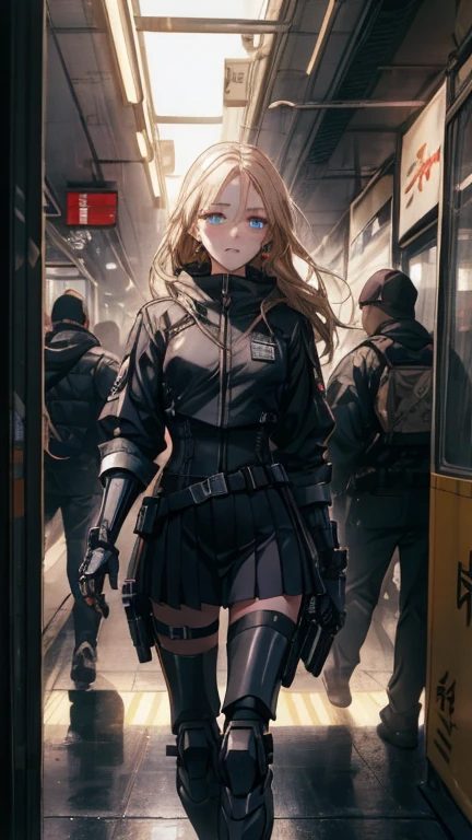 A woman, pink army outfit, athletic body, holding a gun, short clothes, blonde hair, blue eyes, long hair, in an apocalyptic city, deserted, destroyed city, princess peach