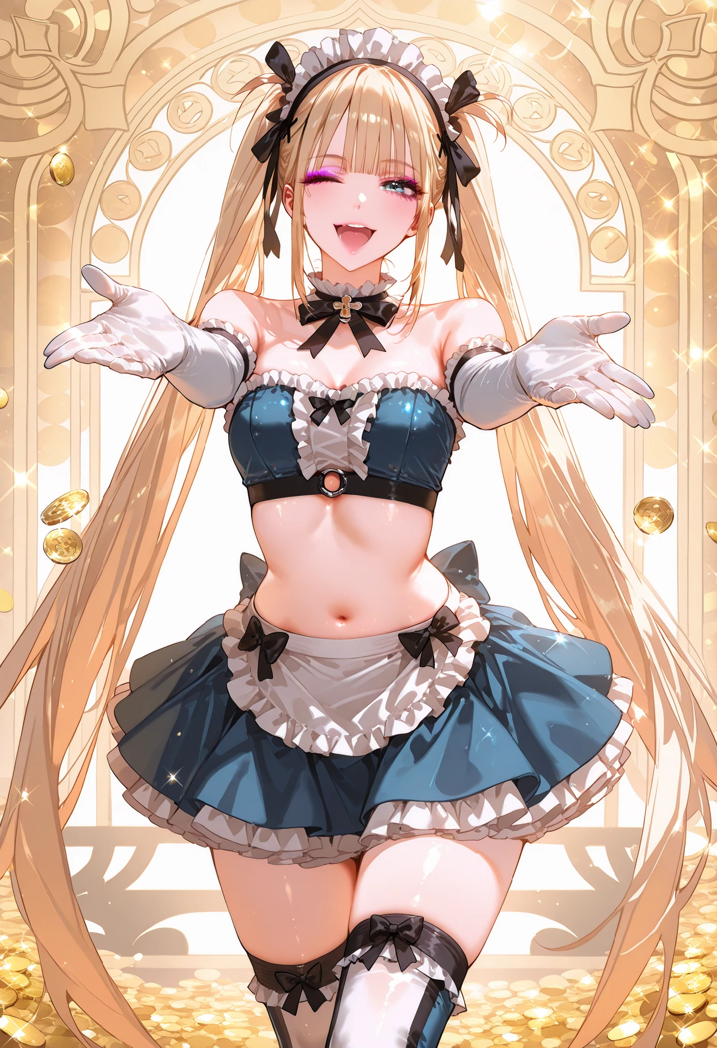(m18+), masterpiece, best quality, Marie rose, small breasts, one girl、 blonde hair、 Long Hair、twin tails、blunt bangs、 blue eyes, clothes cutout, navel, pink lips, makeup, purple eyeshadow, 1girl,sexy maid outfit、frilly maid headband、mini skirt with apron、knee high socks with ribbon、(Silk Long Gloves)、Fair skin、sexy pose、fantastic night city、A cafe crowded with people、cute smile、(gold coin background:1.4),gold coin,glitter, smile,open mouth,one eye closed, looking at viewer,