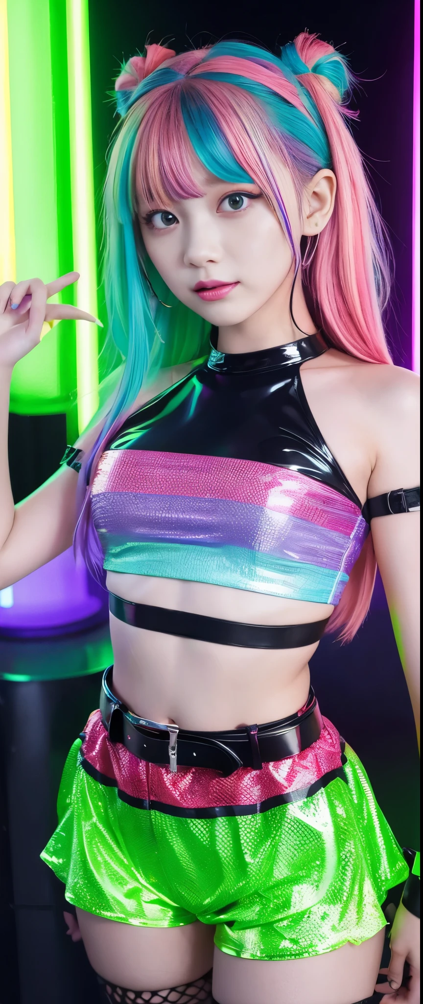 Fancy Idol Girl (colorful rainbow hair)、A pure girl's face、 hypo、fluorescent green off-the-shoulder shirt with her own face、rainbow Latex Tight keleton Belt、 fishnet、Glowing Punk Town