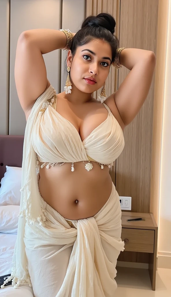 Indian woman wearing (saree)1.5, (young woman), 20 years old, (chubby cheeks:1.2), (curvy body:1.3), (eyeglasses), (bindi), An Indian beauty, charismatic, light Indian- skin, view the viewer, naughty smile, luxurious villa in background.