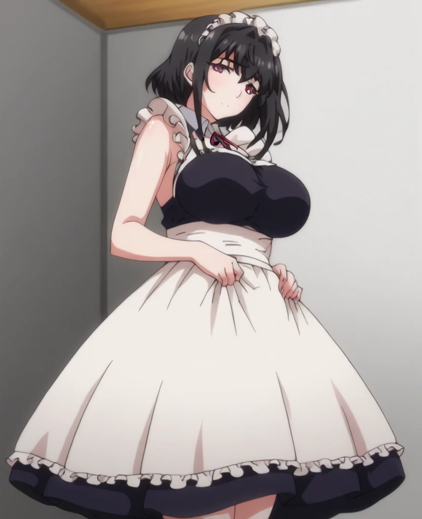 1girl, young girl with huge breasts, gothic lolita, maid outfit, glasses, black hair, silver eyes, Ilulu (dragon maid), Yukari (girls und panzer)