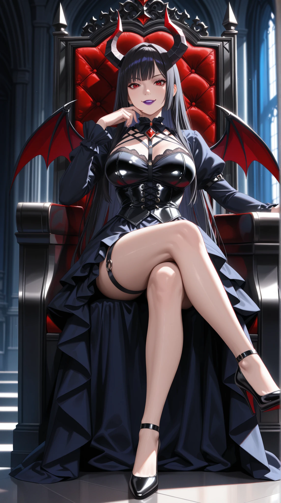 Sexy asian woman, big breasts , vampire cosplay, leather, black and red cape, choker, vampire teeth, sitting in a gothic throne, legs crossed, high heels, seductive portrait