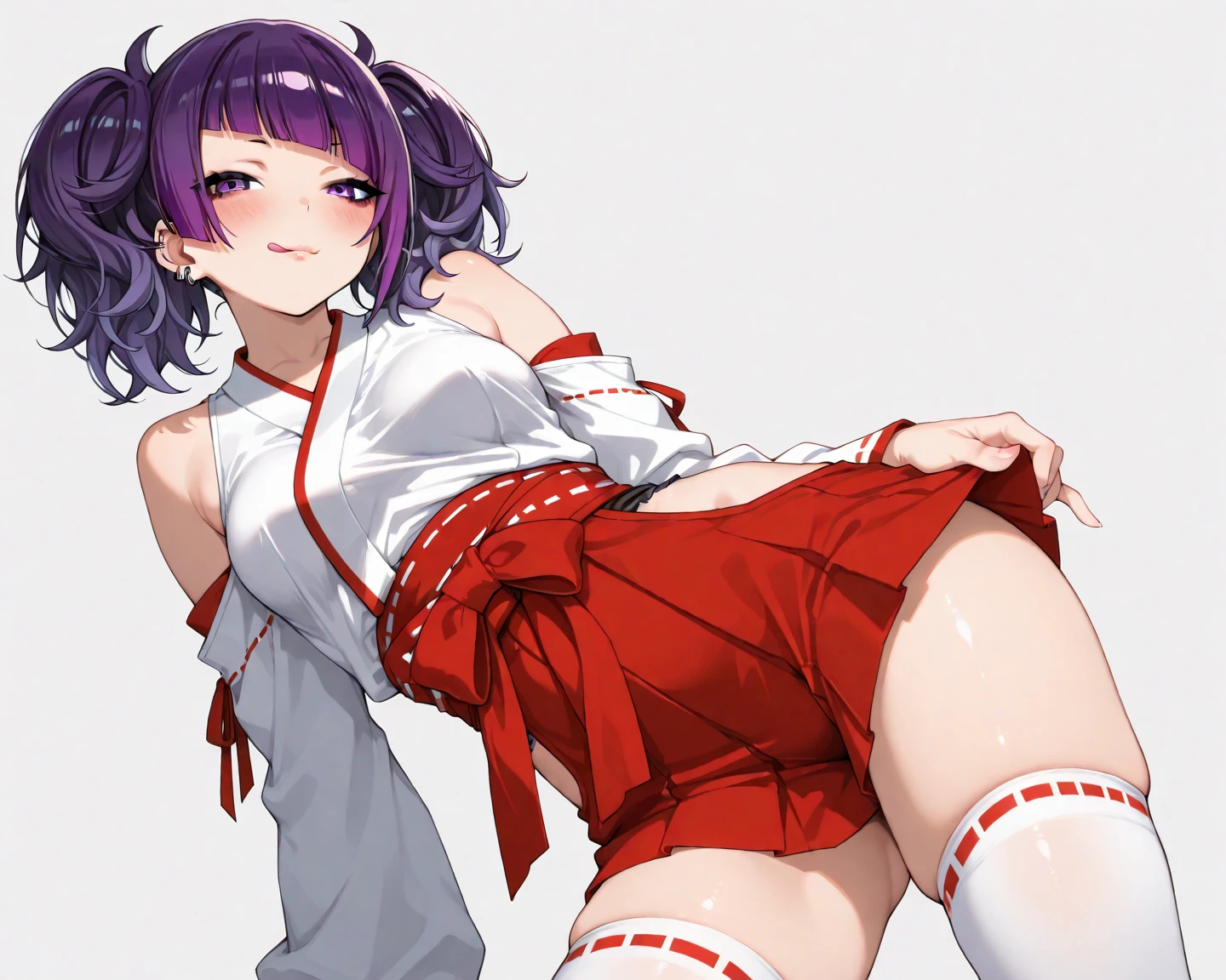 (Perfect body),Best Quality,16 K、((((Short stature))))、((((Lori))))、(White kimono)、sleeve less、(Red mini skirt)、(White panty)、(((blush)))、:D、One eye is closed、I have my mouth wide open、Tsuriformes、Blunt bangs、(short-hair)、(((bob cuts)))、(Red Eyes),((Black hair)),(Sweat)、((red scarf))、((Big ass))、(((huge-breasted)))、(((thick thighs)))、Armpits、Squatting