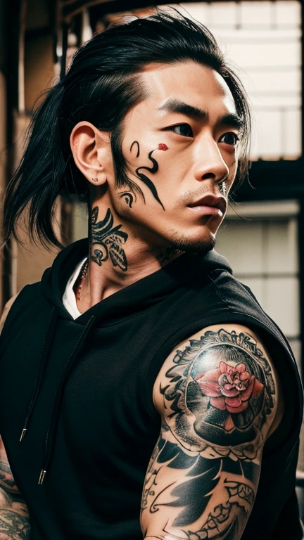 handsome hunk japanese men with yakuza tattoo in chest and arms, toned muscles,wearing loincloth,intricate yakuza body art,action pose, sombrero japones conico,holding kanana,dynamic shadows, cinematic,masterpiece,trending on pinterest