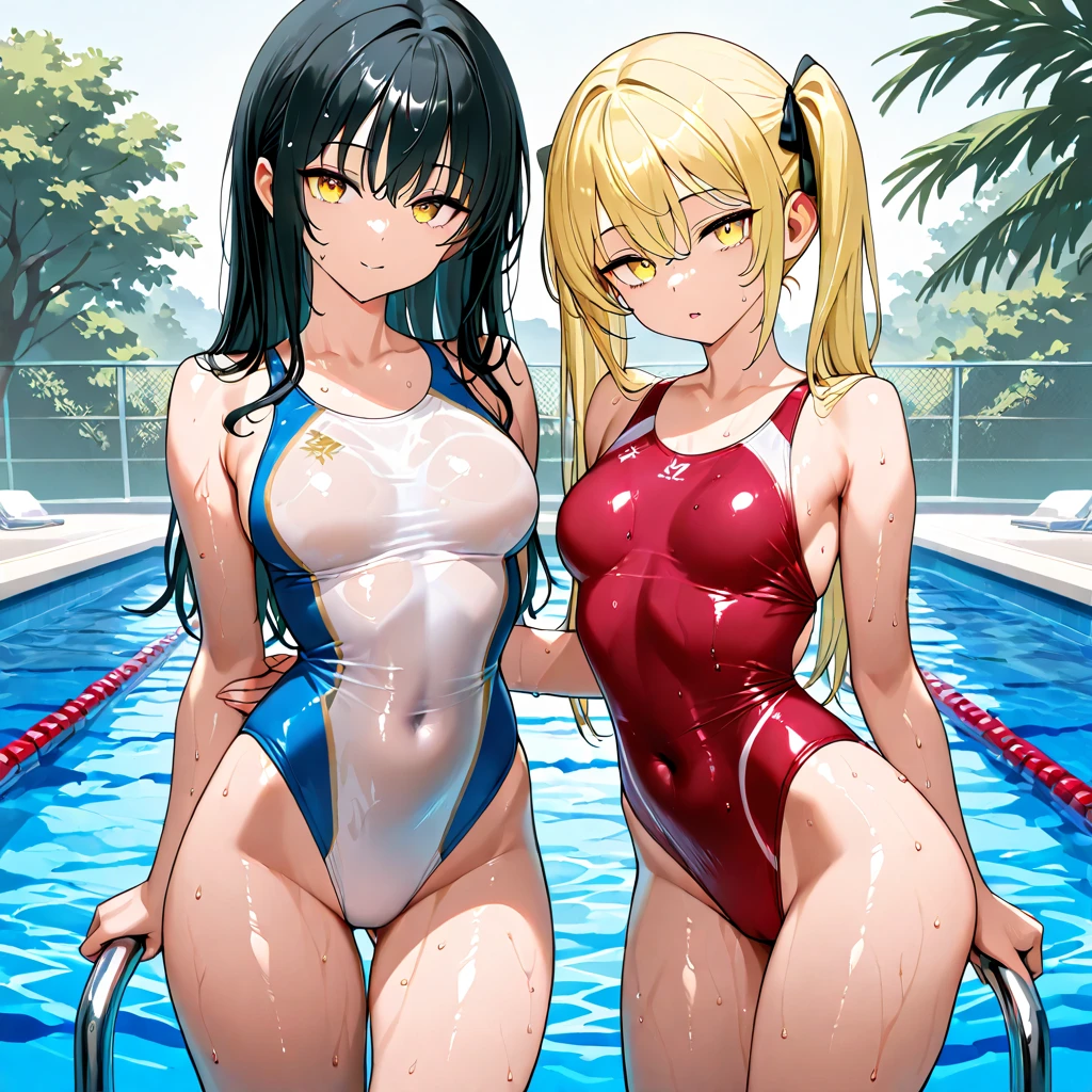 ((masterpiece))、((Top image quality))、((top-quality))、(((Illustration of one woman)))、(((muscle woman)))、full body Esbian、((25-years old))、((neuter))、((Blonde twintails))、Light golden eyes、((Long body))、(((perspiring)))、((Steam wafting all over the body))、((Body wet with sweat))、(((Muscular and strong body)))、((Split abs))、(((muscular and thick arms)))、(((muscular and thick thighs)))、((manspreading))、((Sports Swimwear))、Sitting on a deck chair、in poolside