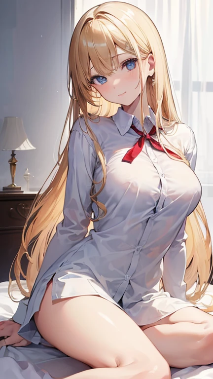 highest quality、nice sexy body、one woman、solo、((Beautiful busty woman:1.3))、((Blonde Hair Woman:1.3))、straight hair woman、long hair woman、nurse costume、(A woman wearing a white nurse-style leotard:1.3)、A woman wearing white knee-high socks、garden、smiling woman