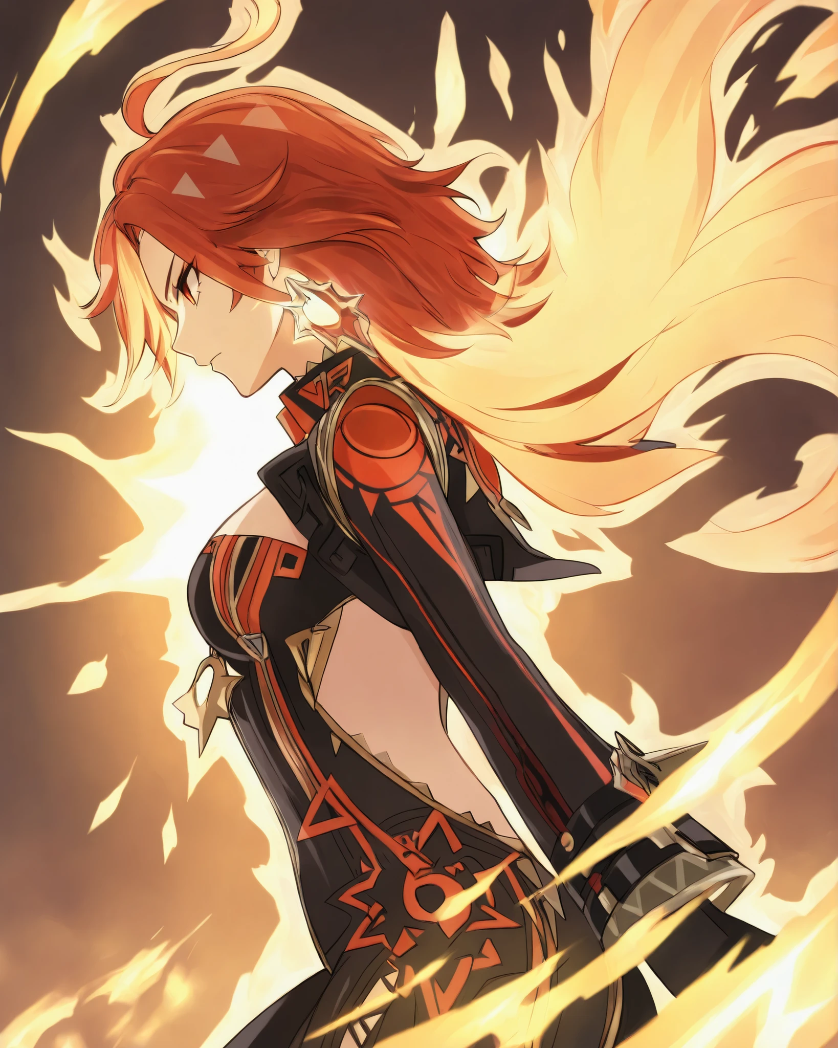 Mavuika , aura charge fire, (genshin impact), vista completa, profile view, ready to battle, full view