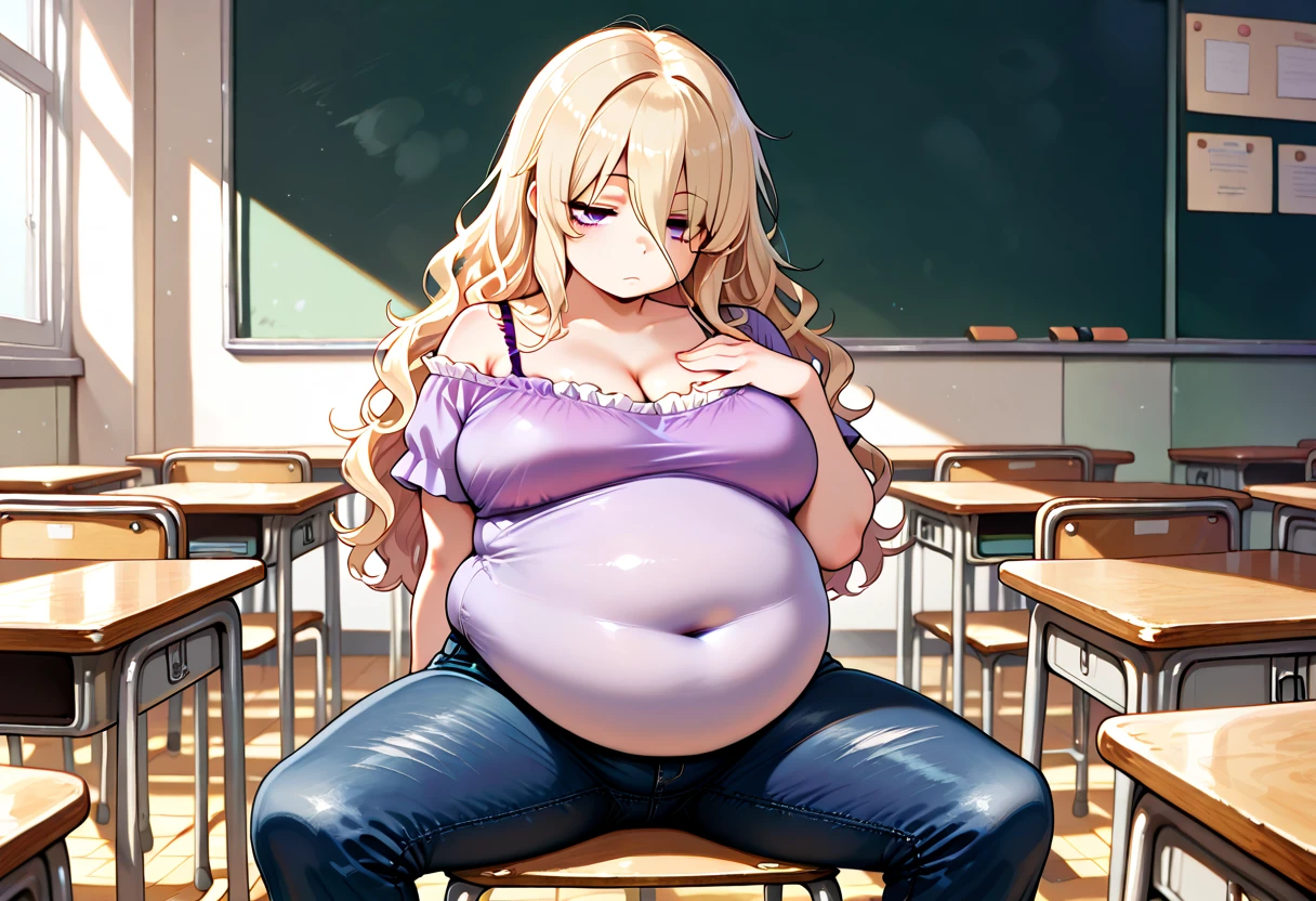 score_9, score_8_up, score_7_up, source_anime, KitagawaMarin, 1girl, ((very drunk)), ((staggers)), ((bloated stomach)), upper teeth only, multicolored hair, long hair, magenta eyes, ear piercing, earrings, pink nails, makeup, MarinSchool, bead bracelet, black choker, neck bell, ring, collared shirt, ((white shirt unbuttoned)), short sleeves, blue necktie, plaid skirt, ((blue skirt)), tied shirt, ((lying on a table)), looking at viewer, ((has a stomach ache)), ((shows her naked breasts)), ((skirt lowered)), ((drank too much alcohol)), indoors, classroom, blurry background