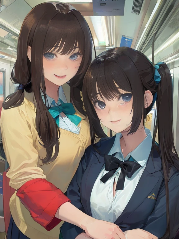 ((Realistic lighting、top-quality、in 8K、​masterpiece:1.3))、Clear focus:1.2、twogirls、Perfect figure:1.4、Slim abs:1.1、((dark brown hair))、(White crop top:1.4)、(outside of house、natta:1.1)、Street、Super fine face、Narrow-eyed、二重まぶた、Beautiful fece、Opened mouth:1.8、Smile、Staring at the camera with a refreshing smile、Two beautiful sisters who are most famous in the world、Constriction of the lower back、Beautiful legs、Taut skin、Highly detailed facial and skin texture、A detailed eye、thin cheeks、Healthy skin、(Layered hairstyle、dark brown hair)、(large full breasts)、((disheveled outfit and hair:1.2))、(Elegant Japan sailor suit:1.5)、((skirt Lift:1.3)), (Large breasts emphasis、Natural cleavage)、(Cuddle in an incredibly crowded subway train))、frombelow、((Blushing expression:1.5))、