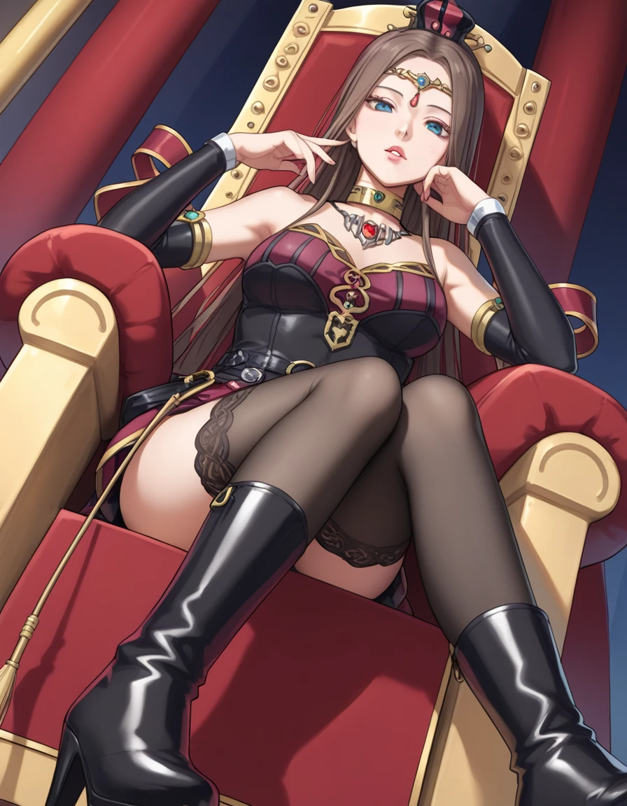 masterpiece, (photorealistic:1.4), best quality, beautiful lighting,KPop idol,adult,white blouse,black tie,high hells,black skirt,black pantyhose,black jacket
(ulzzang-6500:0.5), makima \(chainsaw man\), (red hair)+(long braided hair)+(bangs), yellow eyes, golden eyes, ((ringed eyes)),large breast,full body, detailed face,smile,
RAW photo, 8k uhd, film grain,blurry background,, sitting, (crossed legs:1.3),throne chair,(dark background, chains:1.3),