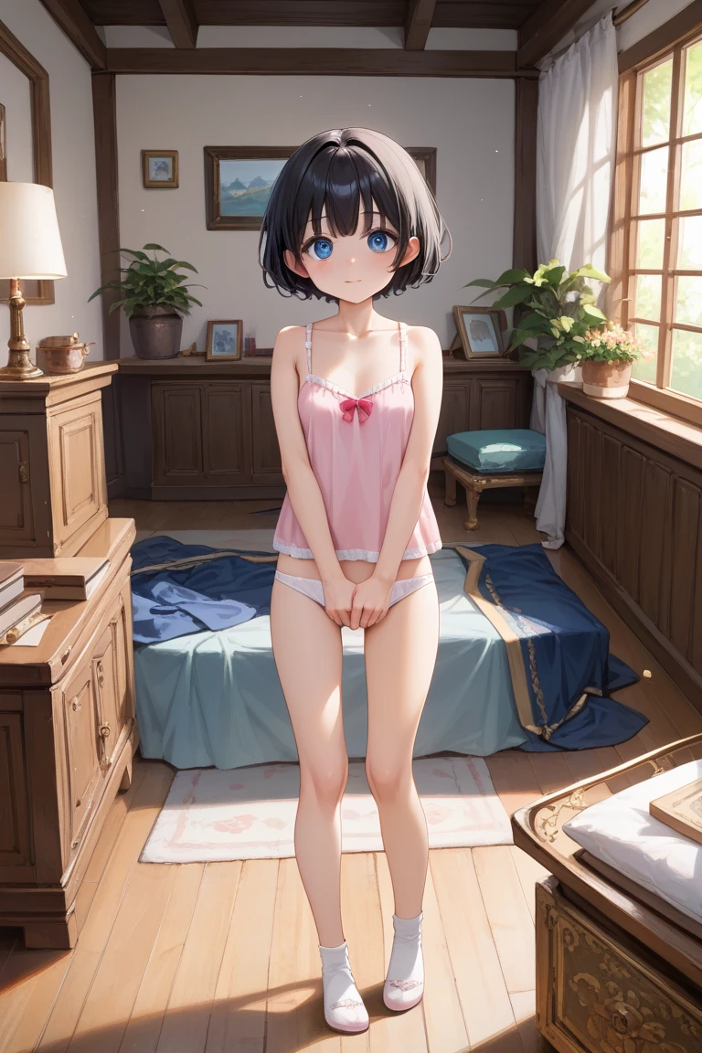 (masterpiece, cowboy shot, front shot: 1.3), (8K, Raw Photography, Top Image Quality: 1.4), gravure, splendid and colorful, kawaii petit little 1loli relaxing on the couch, knees up:1.3, (small cleavage:1.2), Super Detail cute Face, perfect pupil of the Eyes of Detail, anime style big eyes with eyelashes, Double Eyelid, Sharp Focus:1.2, Pretty infant:1.4, Top-Quality, Super A High Resolution, (Photorealistic: 1.4), Highly Detailed and professional lighting full smile, break, loose and light white camisole, shoulder out, white micro thong on bottomless, showing crotch and nipples slip, natural facial expression, medium hair, fatal position, gorgeous background