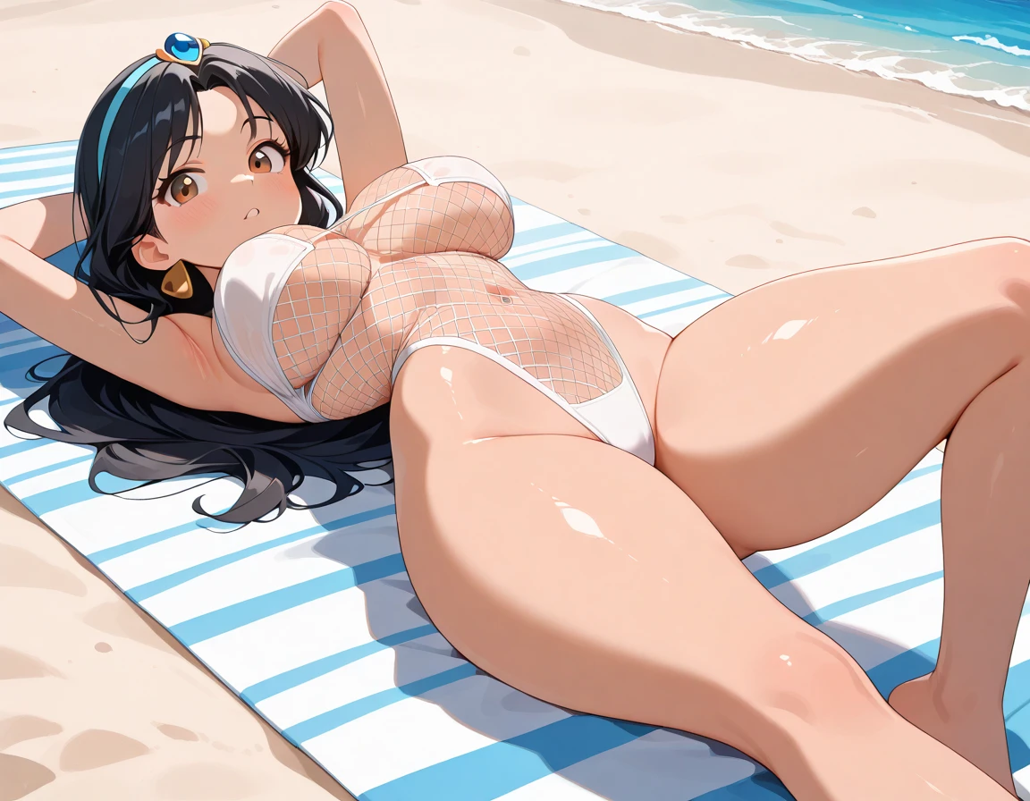 black twintail hair, medium breasts, naked, crawling, blushing, full body, on the beach, masterpiece ,very detailed, side view, armpits