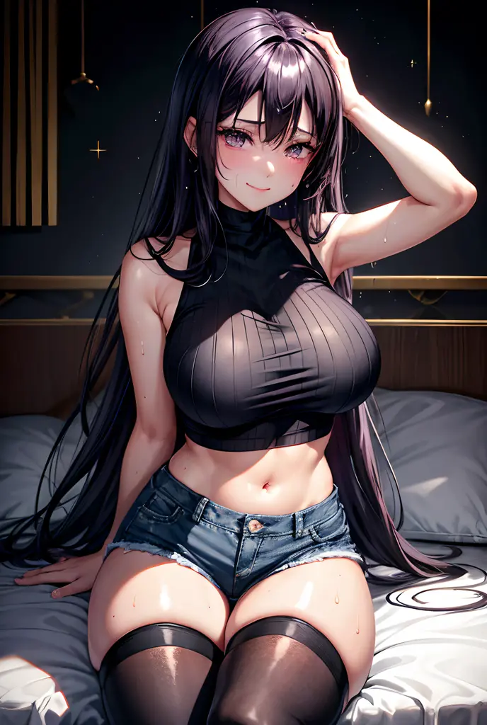 Short, chubby, overweight girl, rotund, big eyes, long straight black hair, pretty face, full lips, blushing, shy, choker, pendant, dark mascara, heavy purple eyeshadow, scar under left eye, shser swimsuit