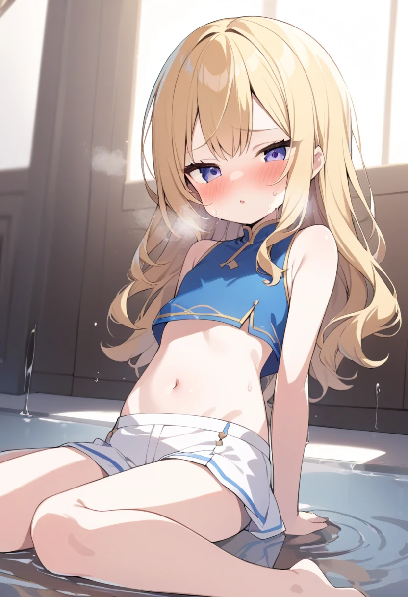 Browsing Caution,Only one person,(Petite),((One cute boy)),((Groin bulge)),seiza,Blonde woman with low pigtails,lips,Sweat,White Breath,Swimwear,The gaze of the viewer,A begging expression,Showing his erect penis to the viewers,Semen seeps out