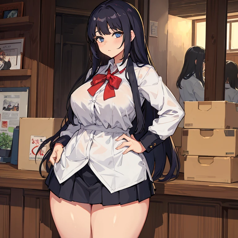 (masterpiece, best quality, highly detailed), 1girls, big belly, huge belly, art by kipteitei, round belly, chubby, curvy, belly grab, enormous belly, fat belly, thicc, bigger belly, really big belly, jiggly belly, glasses, unzipped jacket, (no shirt), bra, thight shorts, high heels, smug face ((full body)), long hair