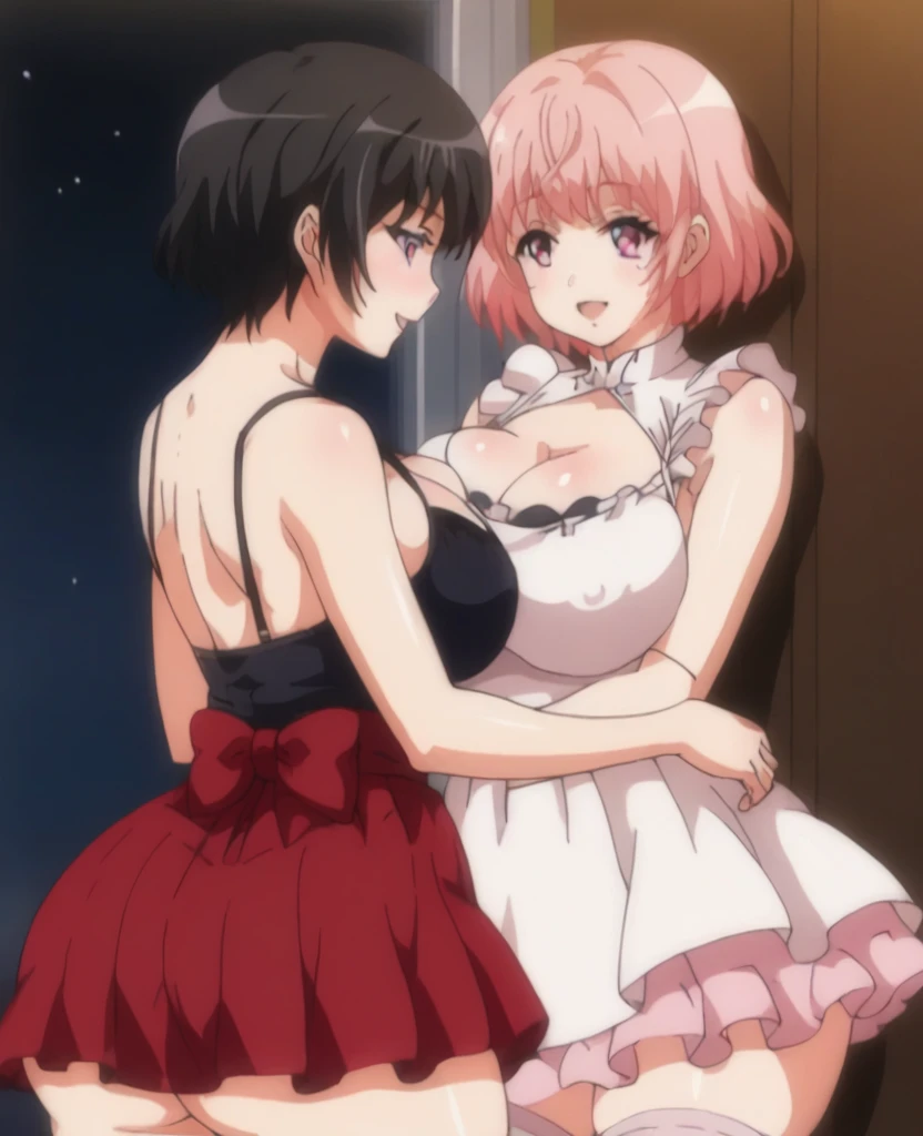 two lesbians share a kiss, tits