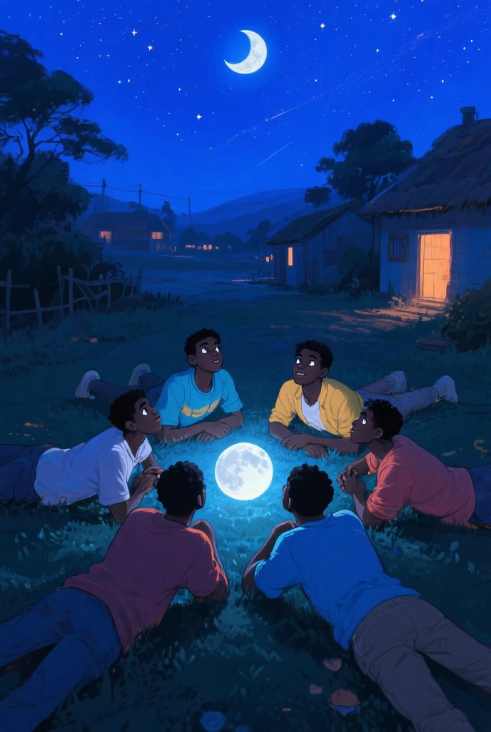 Three ethiopian kids,5,9 & . Sitting on a ground during dusk, playing a traditional game. The six year old guy looks shy and the rest showing fingers on him. Backed by a beautiful natural background. The moon shines on them.with a caption 'Abezu fikir' on the moon.