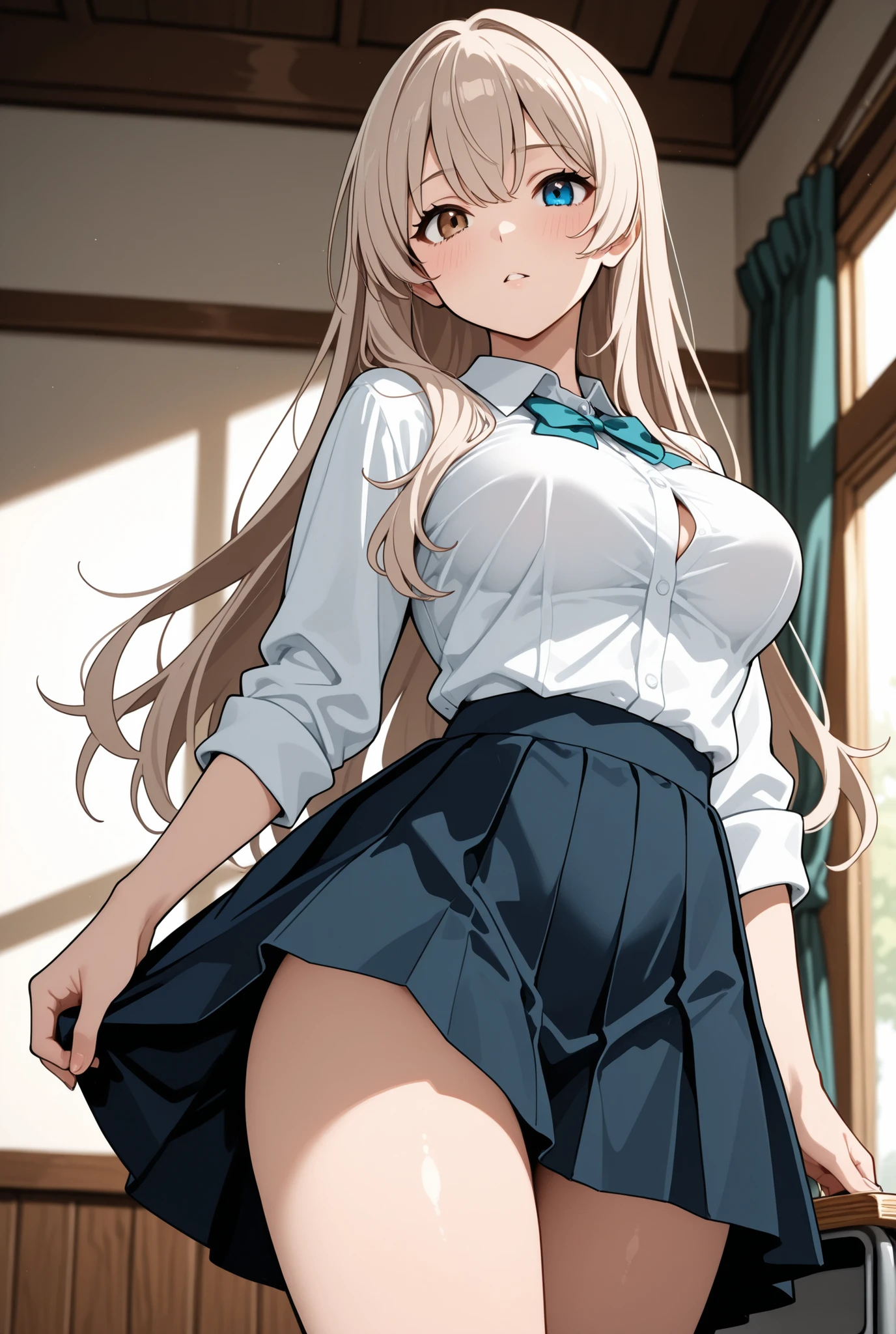 masterpiece,highest quality,High resolution,Anime Style,(One high school girl:1.2), (((A plain white polo shirt), Blue checkered pleated skirt), (White sneakers), White socks, White panties),(Smiling with some teeth showing:1.3),(hairs color light pink, Wavy mid-length hair, Gal Makeup, Eyelash extensions, Make your eyelashes thinner and longer:1.3), (Panty shot, The subject is seen by the viewer from below:1.2), (clothing that fits:1.1), (School corridor:1.3)