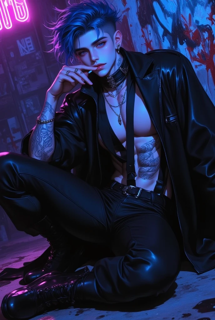 ((Best quality)), ((masterpiece)), (detailed), ((perfect face)), ((halfbody)) perfect proporcions, he is a bad boy, 18 years old, he has messy long blue hair, badass, he is sexy, he has many piercings, He has his chest bare, hand towards the camera, he sticks out his tongue, he wears black leather, he has tattoos on his arms, he wears tight pants and combat boots, he wears spiked accessories, he It is on a night city background ((perfec face)) fullbody+