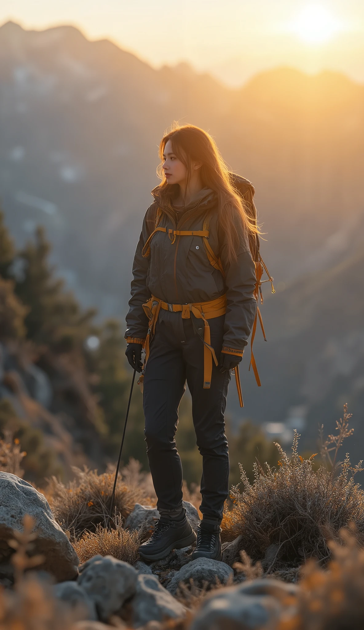 no, Ray tracing, Radio City, Anisotropic filtration, 16,000, best quality, 1 woman, alone, beautiful mountain climber, Hiking clothing, Gradient long hair, climbing equipment、sunset、big breasts 、valley, Solo, 8k, photoshoot, perfect body, perfect skin, slim body, flawless, glowing skin, beautiful face, natural makeup, super realistic, High Resolution, Masterpiece, Anatomically Correct, Best Quality, High Details, HD, High Quality, Super Detailed, 19 years old japannese girl