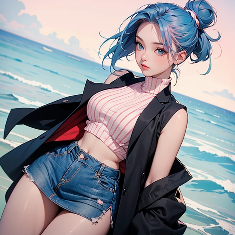 masterpiece, best quality,  <lora:chkalov-nvwls-v1-000009:0.8> chkalov, brown eyes, choker, labcoat, black shirt, cleavage, white skirt, belt, black gloves, pantyhose, large breasts, looking at viewer, furrowed brow, smile, ocean, cityscape, cowboy shot, leaning forward, smile, from below, blue sky
