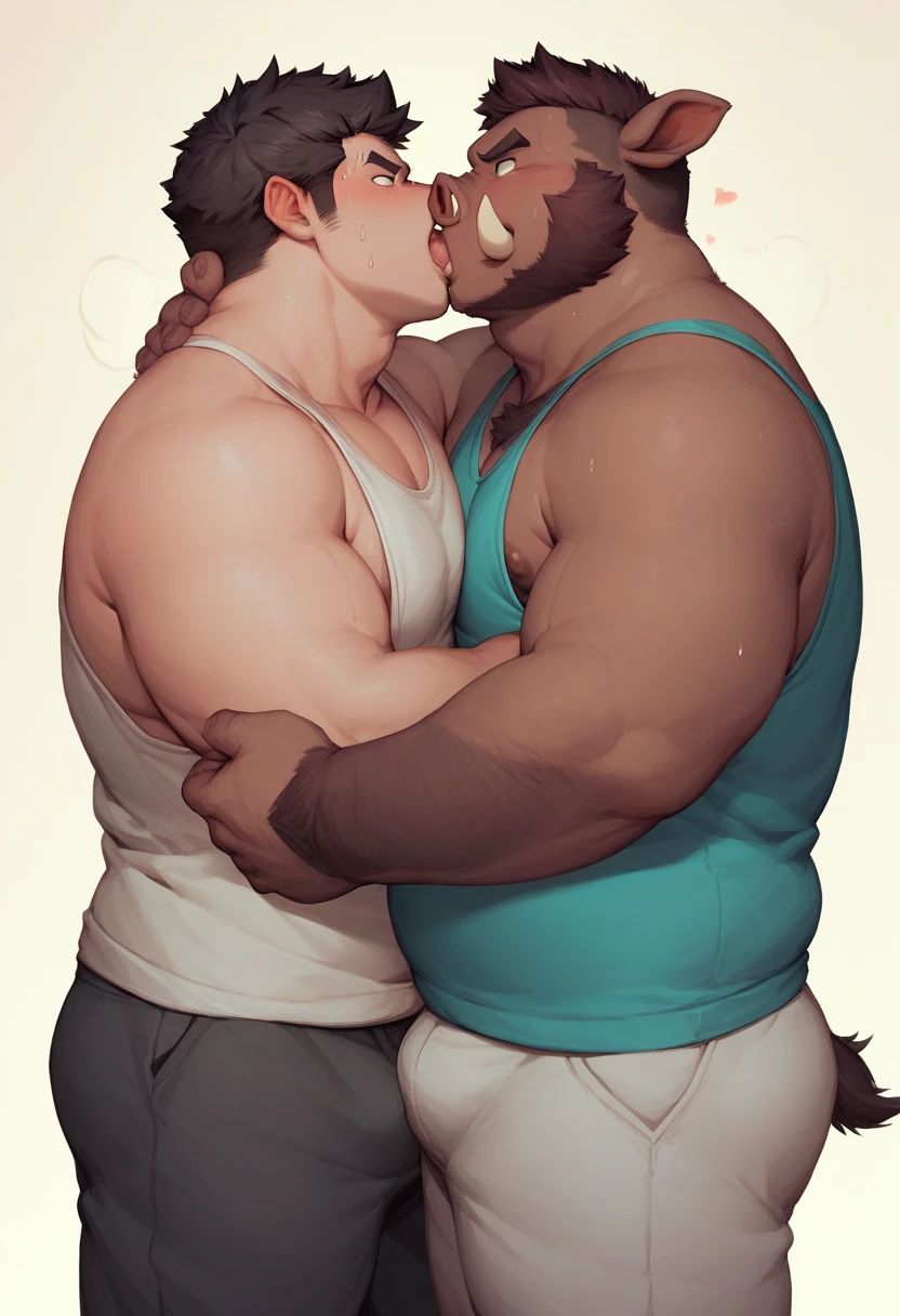 Duo, male/male, two males (((lion, muscular, broad shoulders, nipples, clawed hands, blue eyes, tan body, tan fur, brown hair, mane, big pecs, abs, tail, black jockstrap, huge bulge))) standing, detailed eyes, detailed bulge, detailed hands, detailed arms, detailed species ((focus eyes, focus interspecies, focus separate species, focus bulge frontage, focus domestic dog)) 5 fingers, pinning, pinning against surface, from front position, facing partner, hands on hips, separate species, interspecies, inter species, kissing, bulge frottage, domestic dog doesn’t have a mane (((domestic dog, looking shy, blue pupils, massive pecs, brown spots on legs, white body, white legs, white arms, white head, brown ears, brown spots on legs, floppy ears, folded ears, pink nipples, brown spot around left eye, big cock, bubble butt, long snout, white fur, blue eyes, naked, no mane, no hair, being pinned to wall, back against wall, arms pinned))) perfect anatomy, accurate anatomy, nsfw, by darkgem, by mystikfox61, by glitter trap boy
