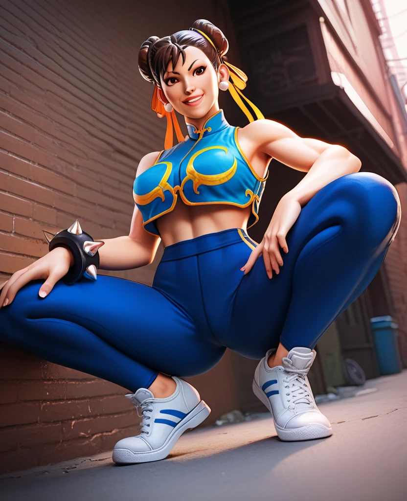 Masterpiece, ultra detailed, 3d rendering, 3dmm, !(Videl is a young woman with light skin (pale in the anime), short stature and a slim, athletic figure. He has straight black hair, with bangs and a few loose strands on his forehead. Her eyes are light blue, she wears two low pigtails that reach to her shoulders and she was wearing a white t-shirt with the orange star High School logo, black lycra, and long green boots)