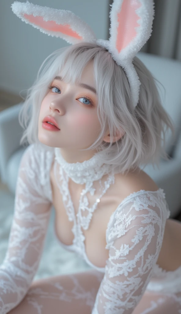 a cute ultra young japanese girl, extremely detailed face, NO makeup,beautiful eyes with long eyelashes, charming eyes,dropped eyes,small delicate nose, lovely smiling lips, (short silver hair:1.5), (porcelain white skin, wearing a lacy one-piece dress, slender figure:1.25), (best quality,4k,8k,highres,masterpiece:1.2),ultra-detailed,(realistic,photorealistic,photo-realistic:1.37),HDR,UHD,studio lighting,ultra-fine painting,sharp focus,physically-based rendering,extreme detail description,professional,vivid colors,bokeh,portraits,soft pastel colors,natural lighting,cinematic composition
