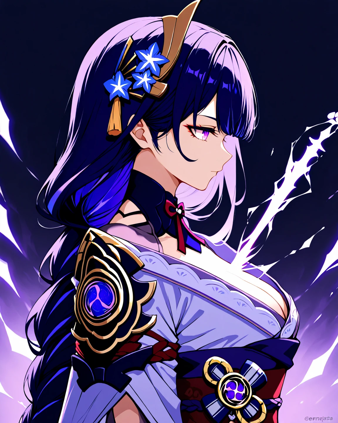 (score_9,score_8_up,score_7_up,score_6_up,score_5_up,score_4_up),raiden_shogun,scaramouche_(genshin_impact),human_scabbard,weapon,1girl,1boy,sword,holding_weapon,japanese_clothes,holding_sword,holding,musou_isshin_(genshin_impact),drawing_sword,electricity,long_hair,breasts,bangs,kimono,hair_ornament,black_background,simple_background,closed_eyes,tomoe_(symbol),flower,mitsudomoe_(shape),armor,cleavage,mole_under_eye,mole,monochrome,purple_hair,large_breasts,covered_mouth,purple_eyes,obi,sash,katana,spot_color,short_hair
Negative prompt: (score_4,score_5,score_3,score_2,score_1),ugly,bad hands,worst hands,