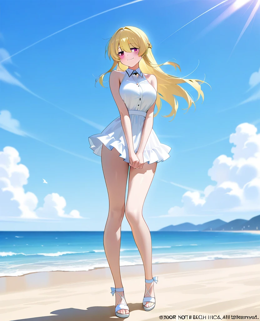(Masterpiece, Best quality, ultra high resolution),1girl, dark brown skin, blonde hair, large breasts, thick thighs, twintails, white dress, beautiful and detailed face, detailed eyes, detailed nose, beach background