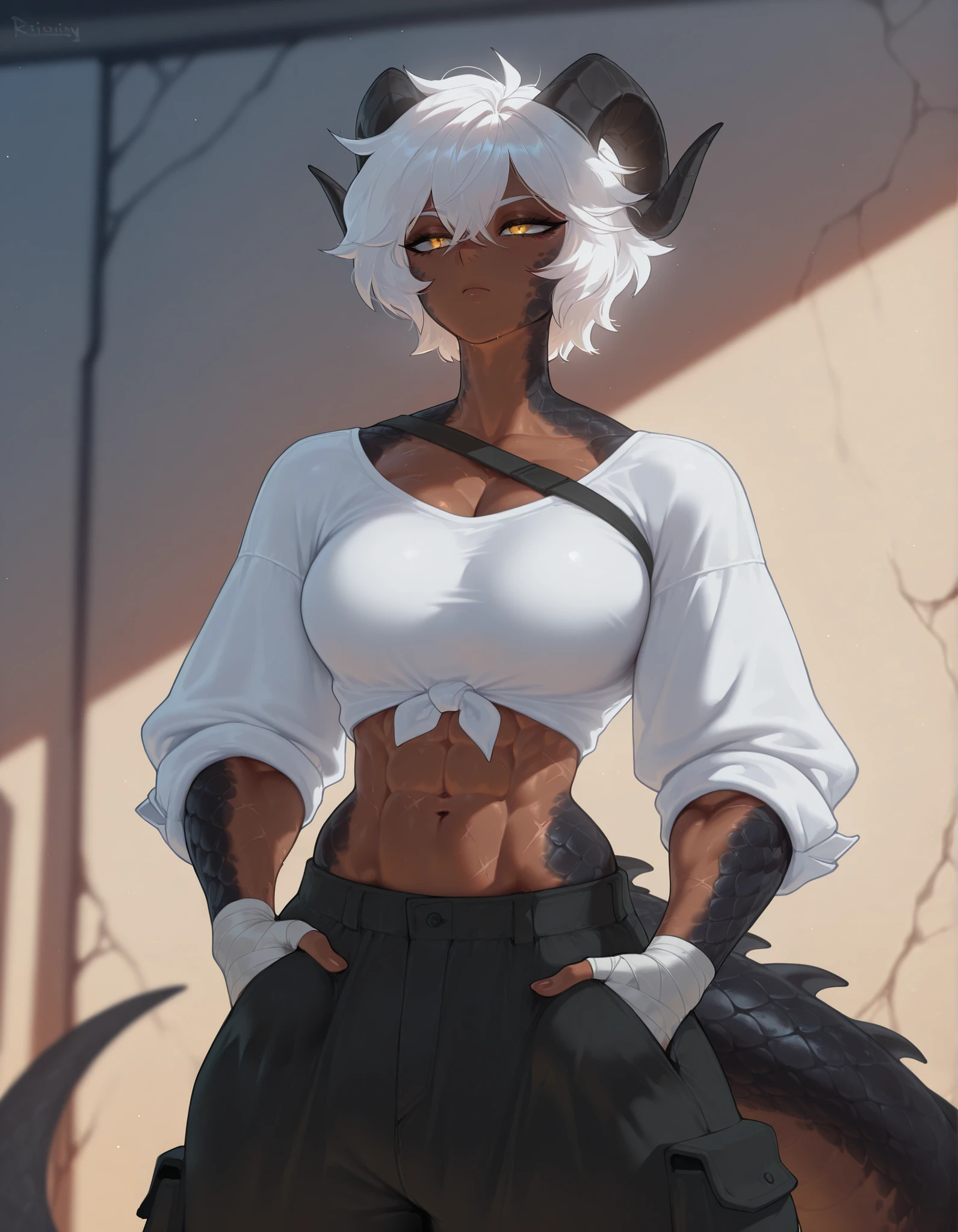 masterpiece, best quality, amazing quality, very aesthetic, fantasy setting, dnd character, human, absurdres, newest, scenery, extreme detail, 8k, detailed eyes, yellow eyes, by Riolutiny, female, scalie arms and neck, solo, tall, horns, extremely detailed scales, short spiky white hair, short hair, dark skin tone, (wearing baggy pants:1.3), wearing open white shirt, rolled up sleeves, dark scales, strong tail, wide chest, strong, scalie torso, wide chest, detailed muscles, strong muscular arms, six pack abs, ripped body, scars on body, curvaceous, dark pants, muscular hips, maid jacket, proporcional toned body, wide chest, calm pose, athletic, hands in pockets, BREAK background is simple and muted, with a gradient effect and soft, neutral tones. masterpiece, best quality, amazing quality, very aesthetic, absurdres, newest, scenery, extreme detail, 8k, detailed eyes, yellow eyes, by Riolutiny, tomboy, female, scalie arms and neck, solo, extremely detailed scales, dragon horns, short spiky white hair, short hair, dark skin tone, (wearing baggy pants:1.3), medium breasts, dark scales, strong tail, scalie torso, wide chest, detailed muscles, strong muscular arms, six pack abs, muscular, curvaceous, dark pants, bandaged hands up to the elbows, combat gloves with knuckles, proporcional toned body, wide chest, calm pose, athletic, BREAK background is simple and muted, with a gradient effect and soft, neutral tones.