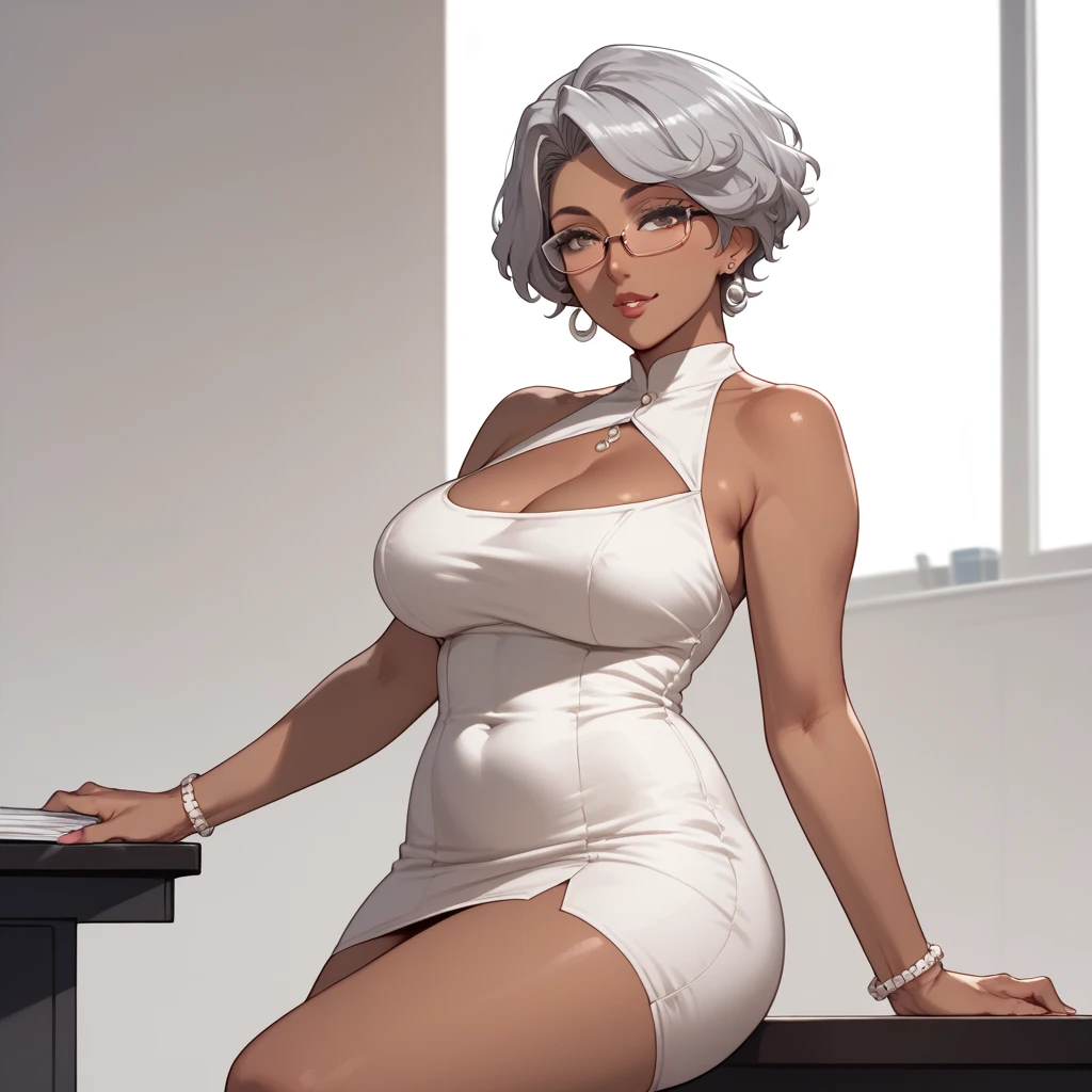 Detailed CG artwork, (highest quality, Exquisite details, An absolute masterpiece), (Head to toe images)), Sex with a man,((Full body image)),(Plus Size Model)), (((Dark mahogany skin))),(((Light silver hair))), ((short hair,Graduation Bob)),(alone,beautiful mahogany black skin、Micro Dress),be familiar with beautiful mature face, Highly detailed beautiful face and eyes, (be familiar with, Fascinating, and clear eyes), (Plump, glossy purple lips)),((High heels)),(purple eye shadow), blush, (sadistic Fascinating smile), (Curvaceous), ( Incredibly large and curvaceous hips), (Very huge voluptuous ass), (Huge thick thighs), (Glowing Skin), (Wet oily skin), finger nail art, jewelry, bracelet, Hoop Earrings