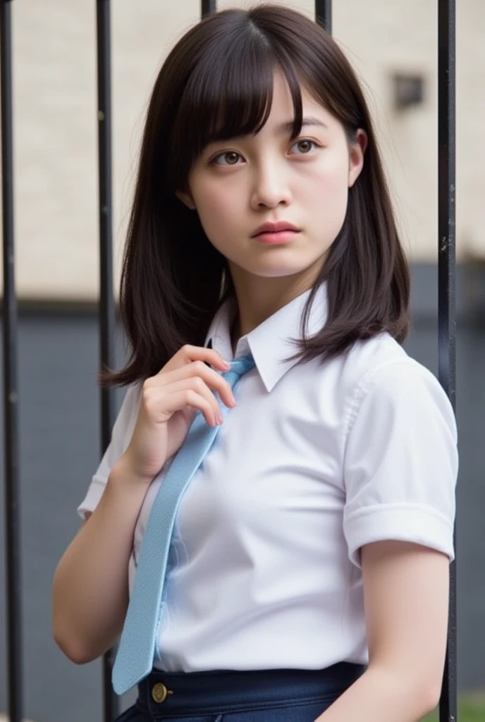 best quality, photorealistic, 8k, high res, 1girl, woman, (skindentation), (portrait:0.6), gorgeous, ((whitebackground:2.1)), ((smallsize round breast, sleeveless white tshirt:1.98)), straight-looking at viewer:1.8, (1girl eyes looking at viewer, medium-length hair, brownhair, partedbangs:1.65), photorealistic, (bokeh), (closed mouth:1.46), gorgeous, pureerosface_v1,