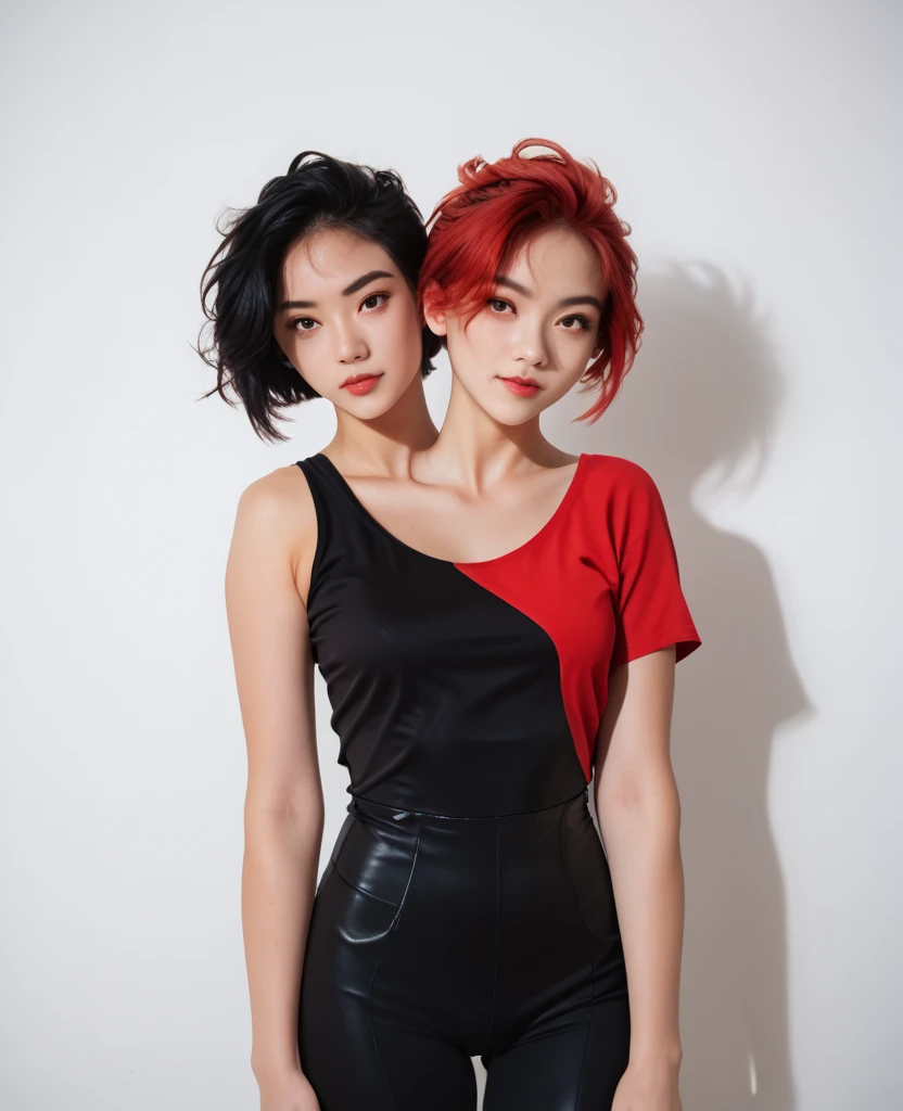 Japanese woman, european woman, ebony woman, (to8contrast style), (Close-up portrait), open mouth, 8k RAW photo, highest quality, detailed hazel eyes, eye reflection, winged eyeliner, (looking at the viewer:1.3), best shadow, intricate details, interior, (short ginger hair:1.3), muted colors, high contrast style, glam shot, smoldering, (sultry:1.1), dof, bokeh, intense, languid, tempting, sensual, seductive, longing, yearning, smitten, dark photography studio, minimal lighting, deep shadows, stark contrasts, dramatic highlights, (black backdrop:1.2), dimples, fullness, plumpness, natural blue lips, bold color, alluring, captivating, striking, unforgettable, stunning, breath-taking, timeless beauty. (bare shoulders:1.2), headshot