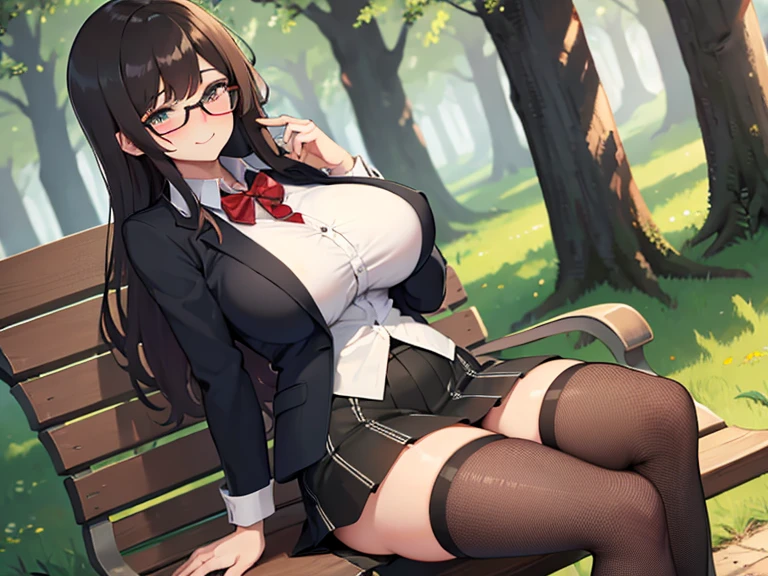 Wearing glasses, elementary school student, black hair, dark eyes, round body, wearing a uniform, tall, sitting in the park, on a bench, kind, very big breasts, long hair that reaches to the waist, black hair. A little brownish, wearing a headband, black jacket, black skirt, white shirt, red tie, the wind is blowing, smiling gently ，(her bra is visible:1.5)
