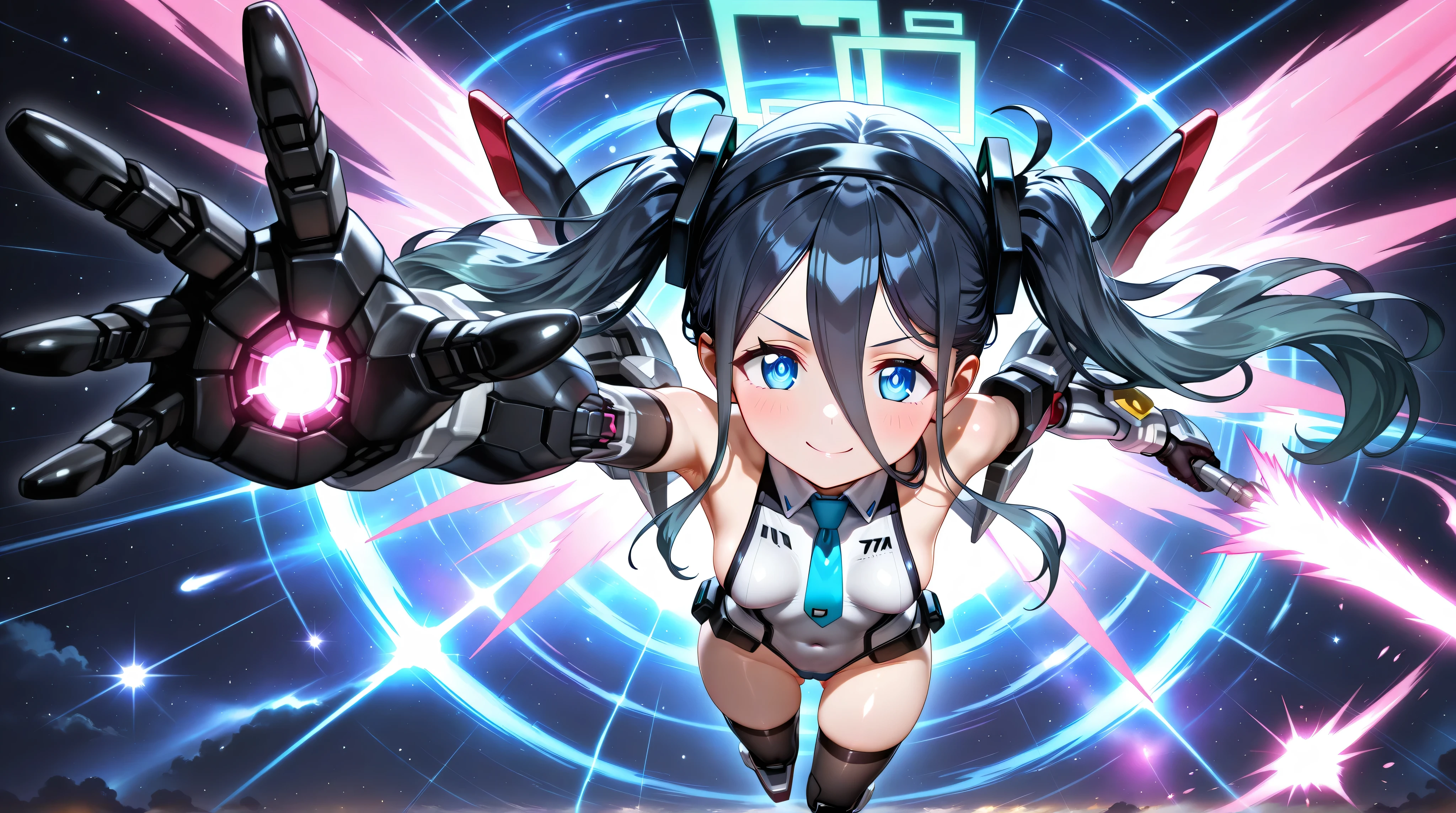 (from above),glowing hand,outstretched hand,ultra rise,tokusatsu,foreshortening,masterpiece,best quality,newest,highres,absurdres,very awa,shiny skin,anime,science fiction,1girl,solo,long hair,breasts,looking at viewer,smile,bangs,blue eyes,black hair,thighhighs,gloves,holding,hair between eyes,bare shoulders,twintails,very long hair,closed mouth,blue hair,cyborg bodysuit,mighty strike destiny gundam,mecha,robot,mobile suit,mechanical arms,mechanical legs,necktie,red mechanical wings,pink energy wings,energy sword,beam rifle,robot joints,mechaanical musume,mechanical parts,full body,weapon,small breasts,cameltoe,sideboob,boots,black gloves,elbow gloves,black thighhighs,holding weapon,flying,leotard,gun,covered navel,(motion line,speed line),headgear,ass visible through thighs,halo,holding gun,mecha musume,aris \(blue archive\),outdoor,space,starry sky,clusters of stars,